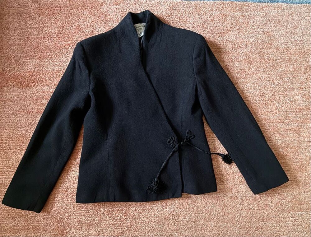 Vintage Evan-Picone Black 100% Wool Tassel Tie Wrap Jacket 6P XS S